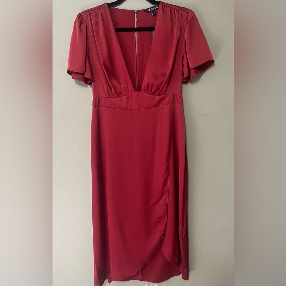 Red Satin Side Slit Dress - - Express Size 8